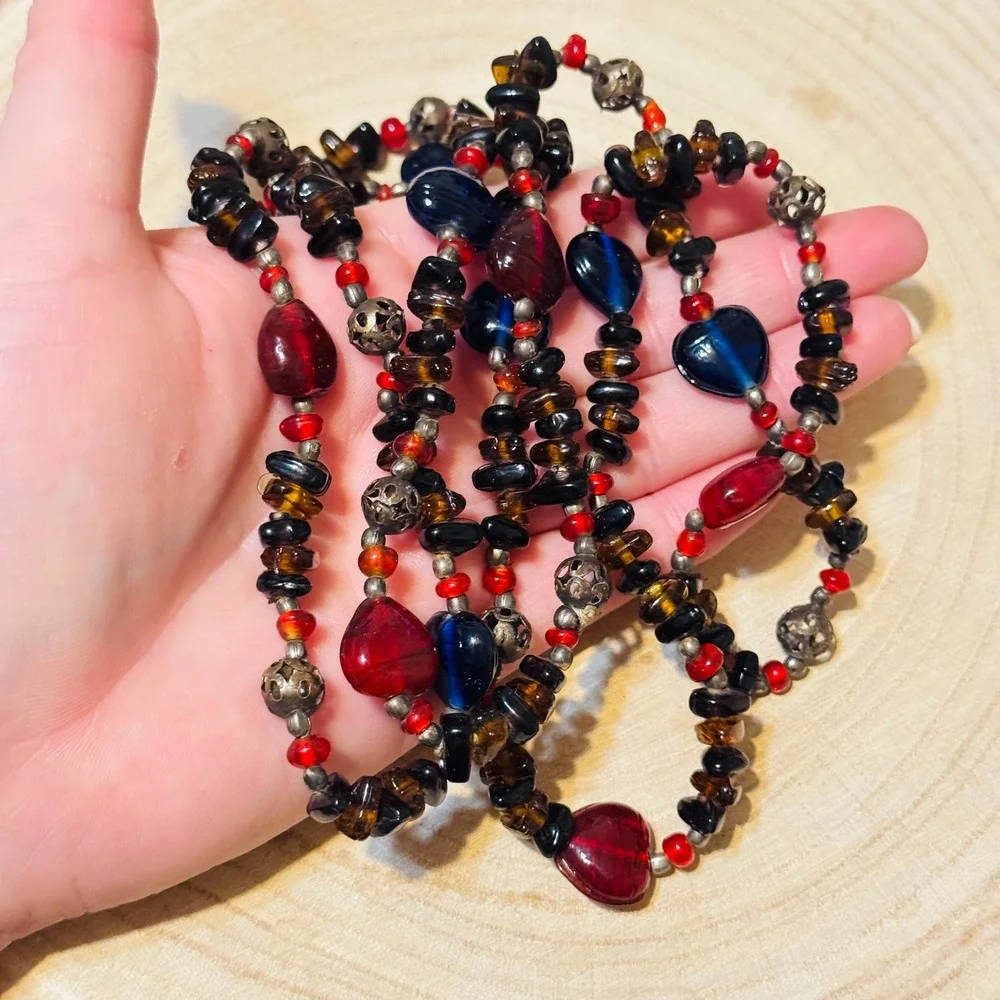 VTG BOHO Heart Necklace‎ colorful poured art Glass beads strand Statement 42